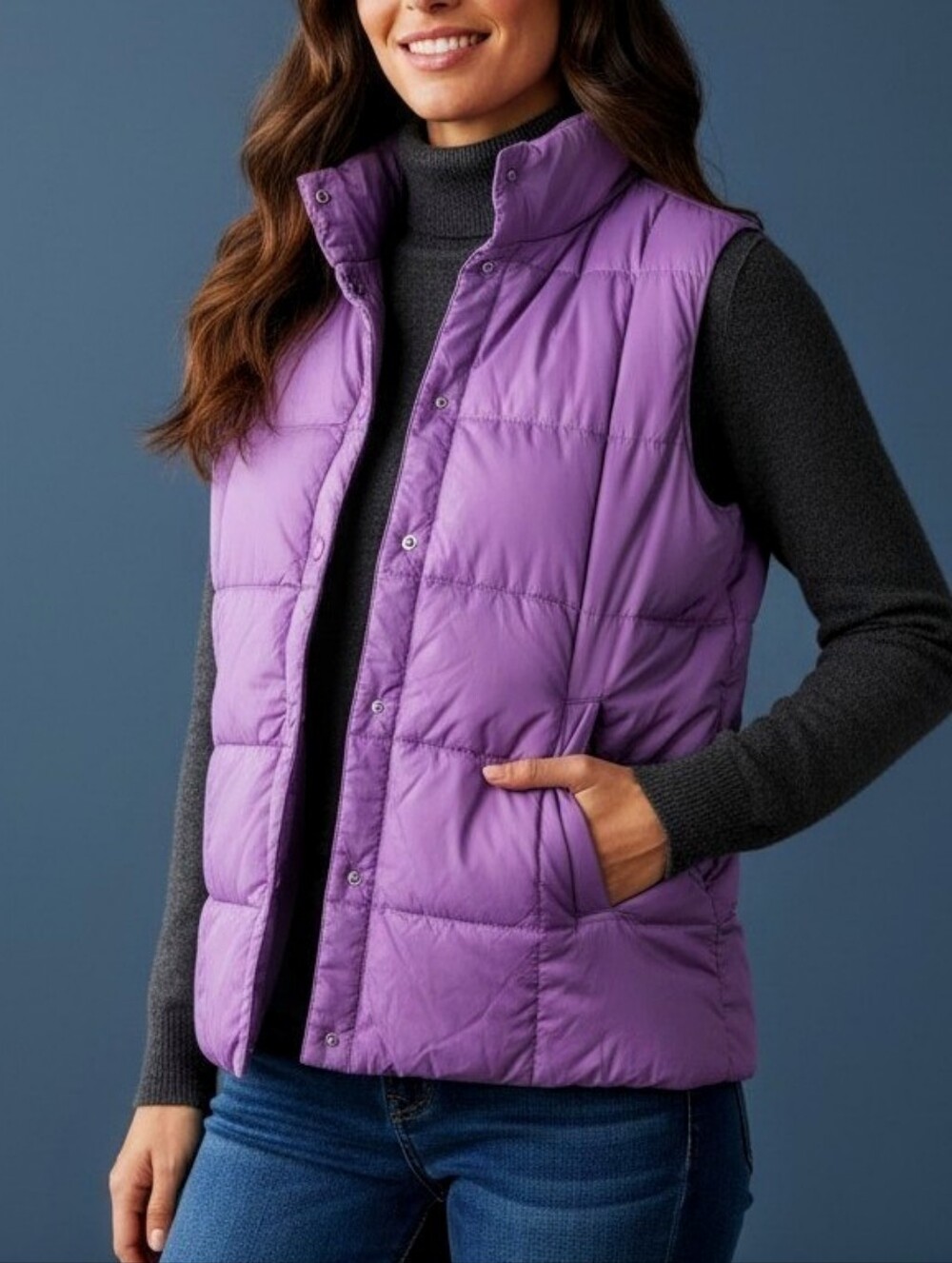 Lands End Goose Down Puffer Vest Purple Medium Womens Sleeveless Jacket Pockets